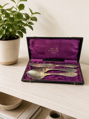 Vtg Swedish Travel Cutlery Set Alpaka Silver Purple Velvet Case Mid Century Thor